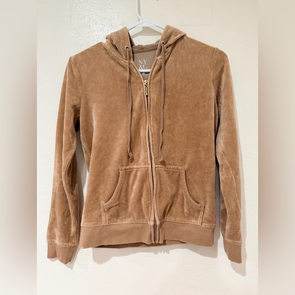 New York & Company Tan Beige Velour Full Zip Hoodie size XS Y2K - Picture 3 of 9